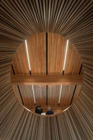 Wooden ceiling with circular outline from floor above.