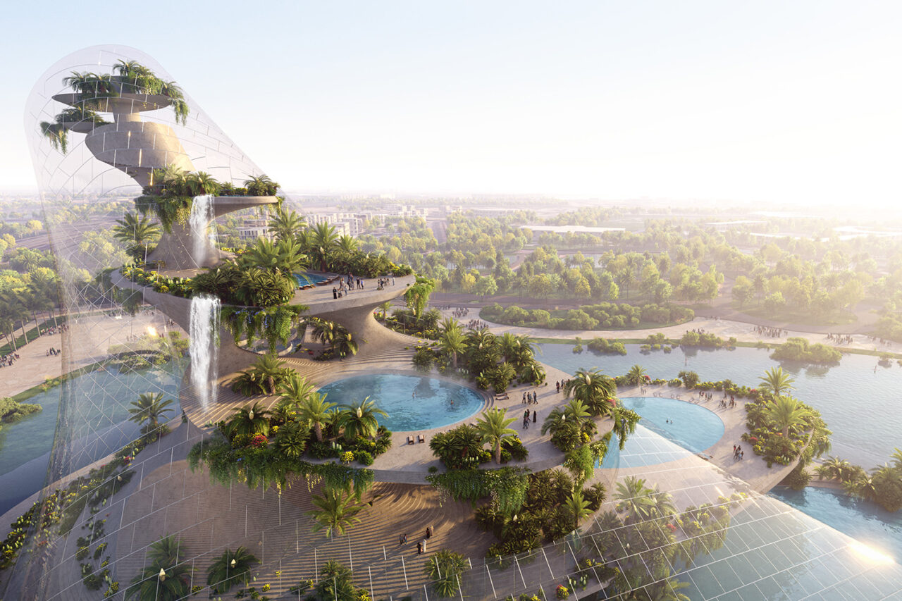 Rendering of wellness resort with outdoor thermal baths