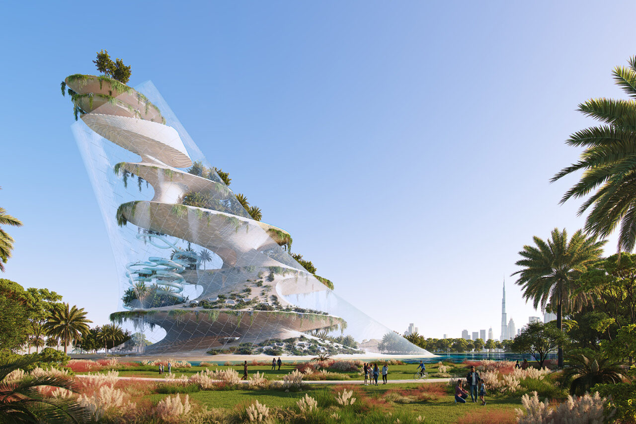 Closer-up rendering of outdoor thermal bath structure.