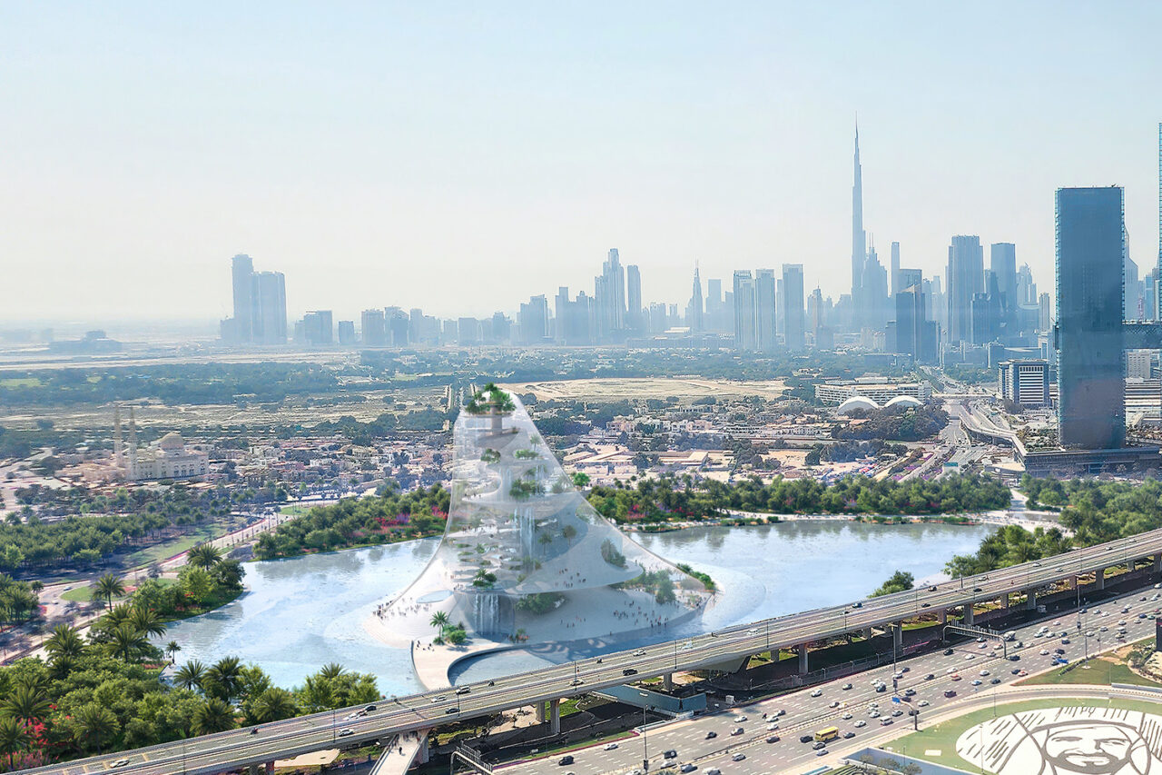 Faraway shot with Dubai city skyline in the background and thermal baths in foreground.