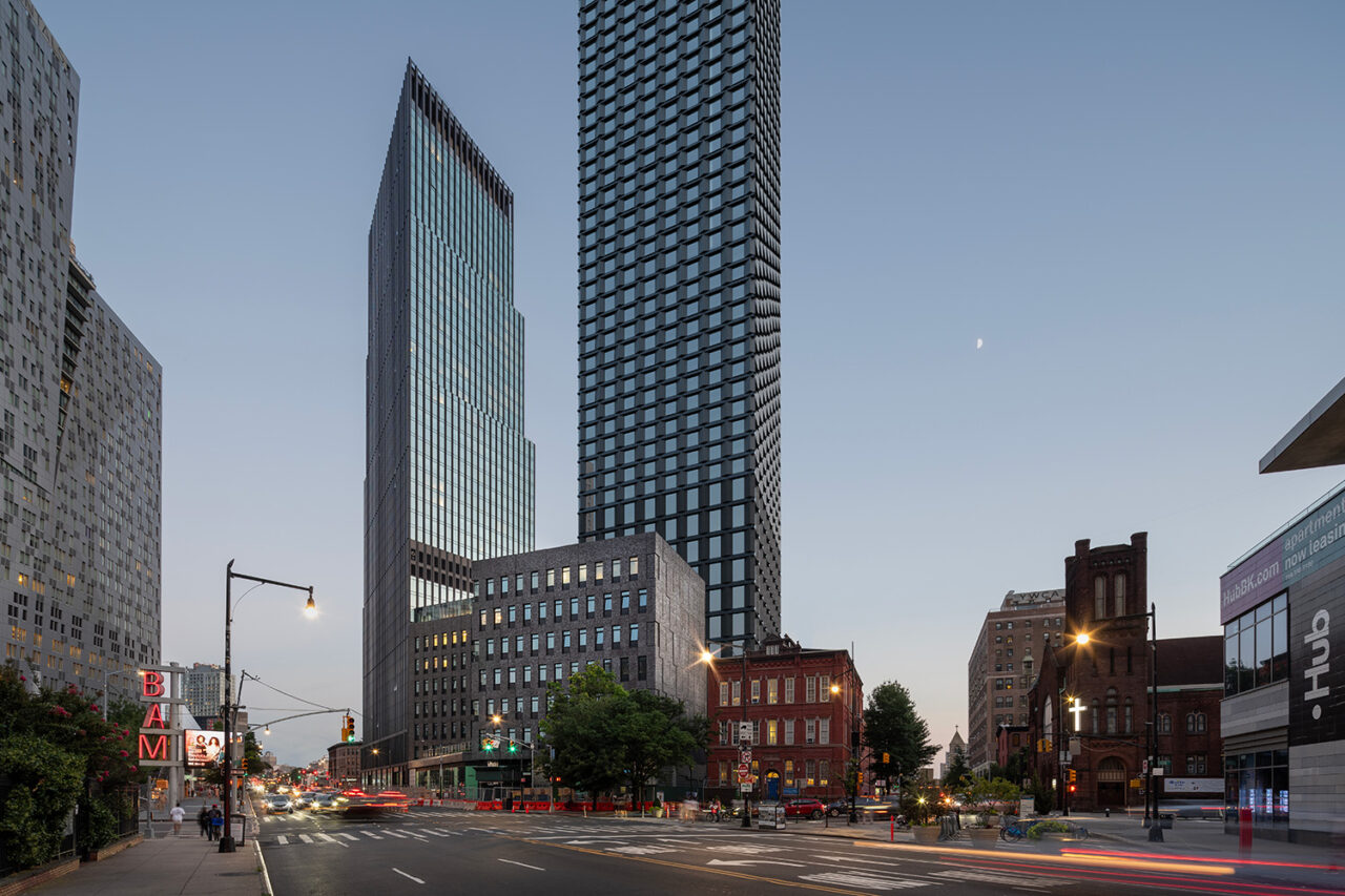 Closer up street scene rendering of skyscraper in Brooklyn.