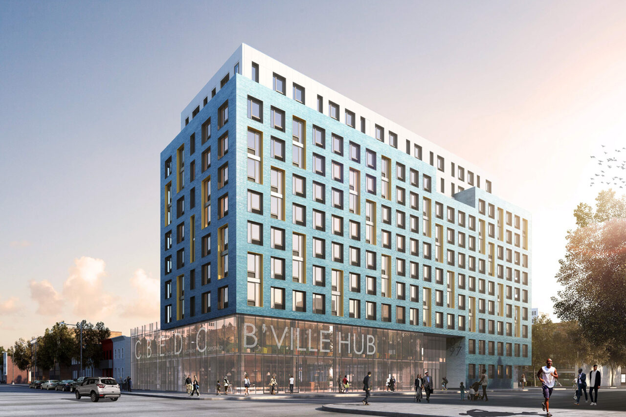 Exterior rendering of blue apartment structure.