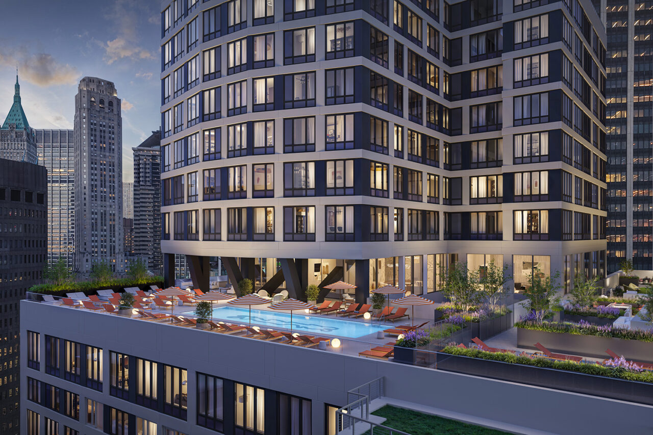 Rendering of residential building and pool terrace.