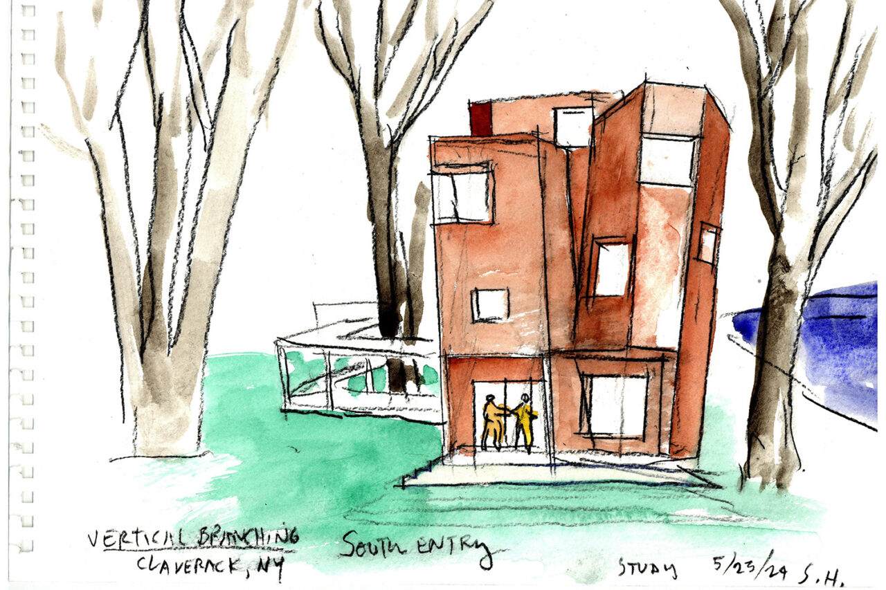 Illustration of a reddish-brown building amongst trees.