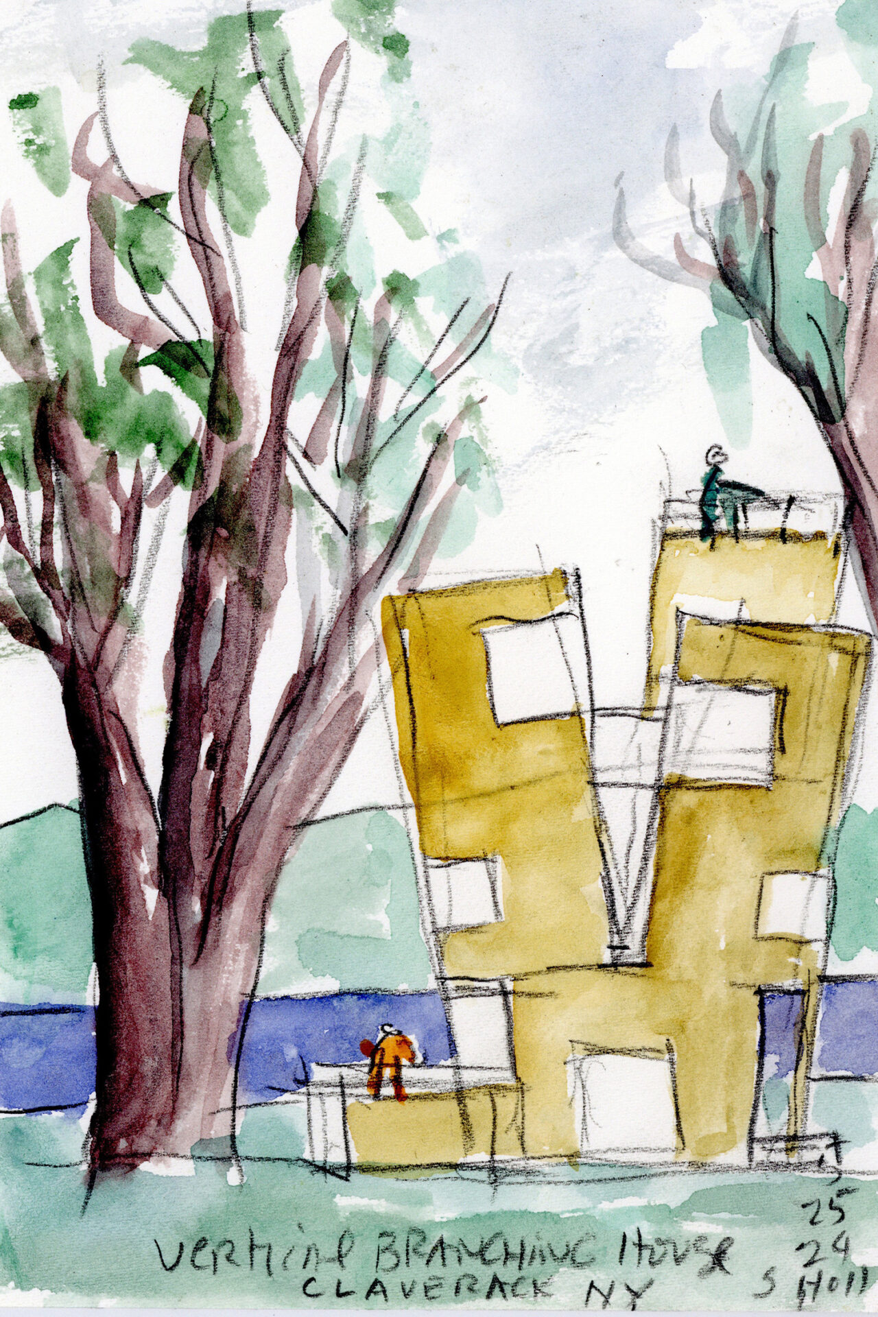 Illustration of a yellow building structure amongst tall trees.