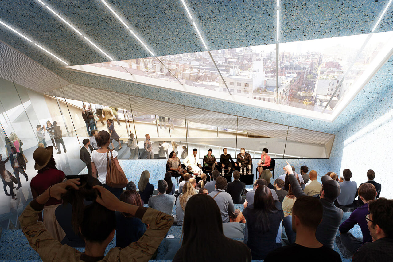 Interior forum rendering of New Museum gallery space.