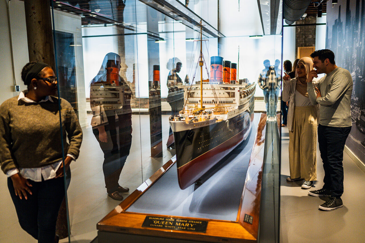 Interior shot of Maritime City exhibition with a ship model.