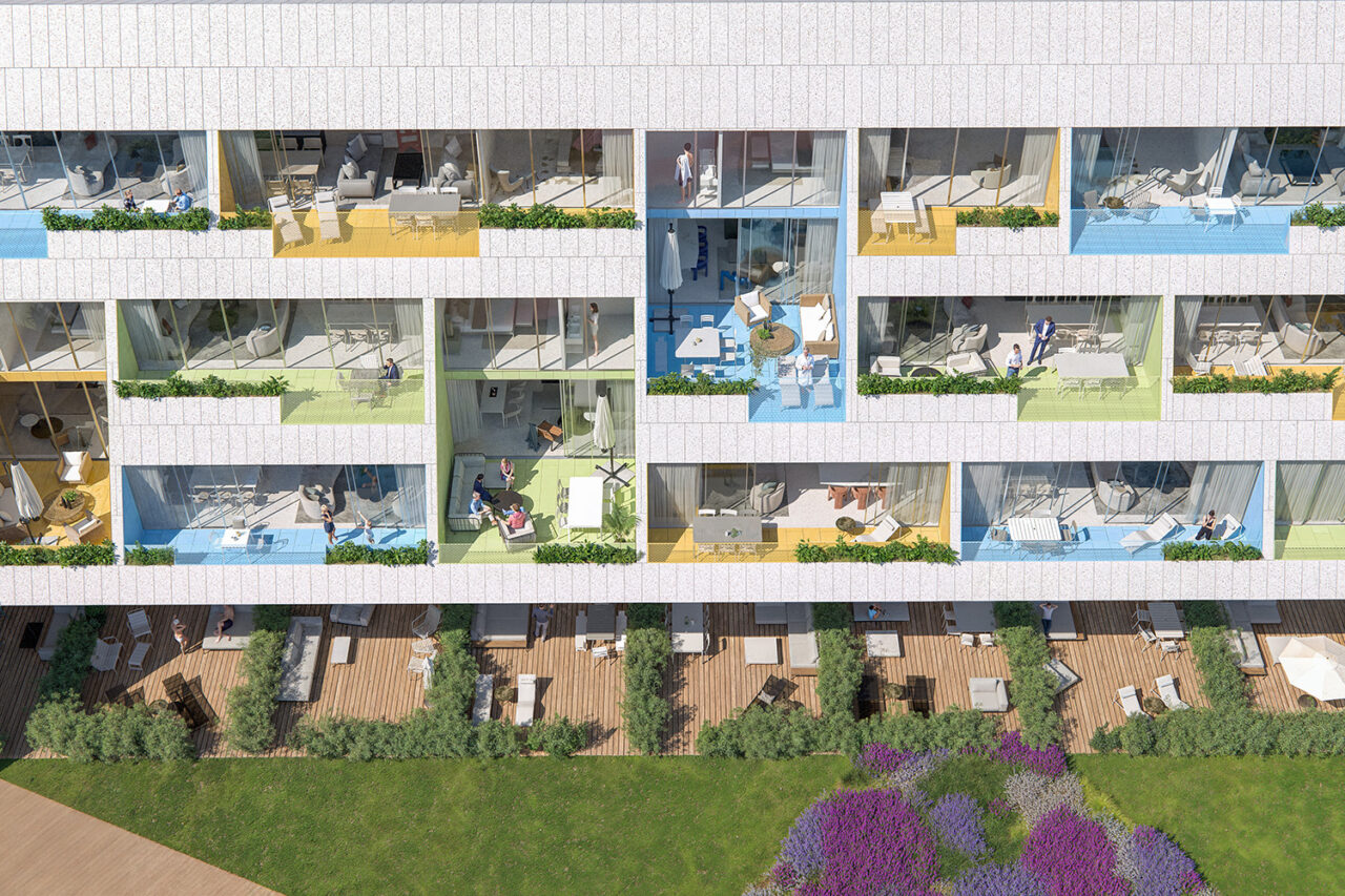 Exterior-aerial view of Marea Park balconies.