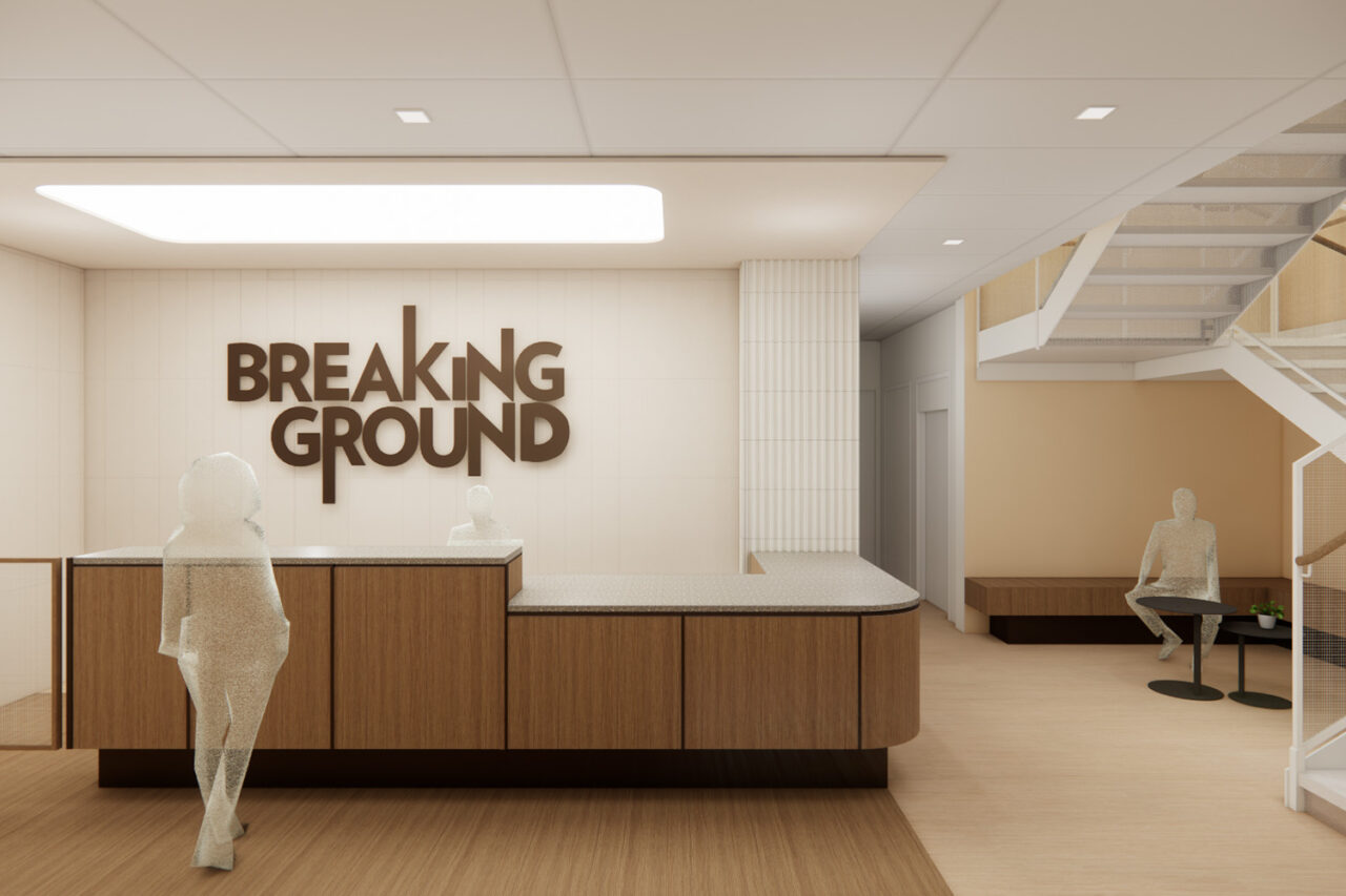 Interior front desk entry of Breaking Ground.