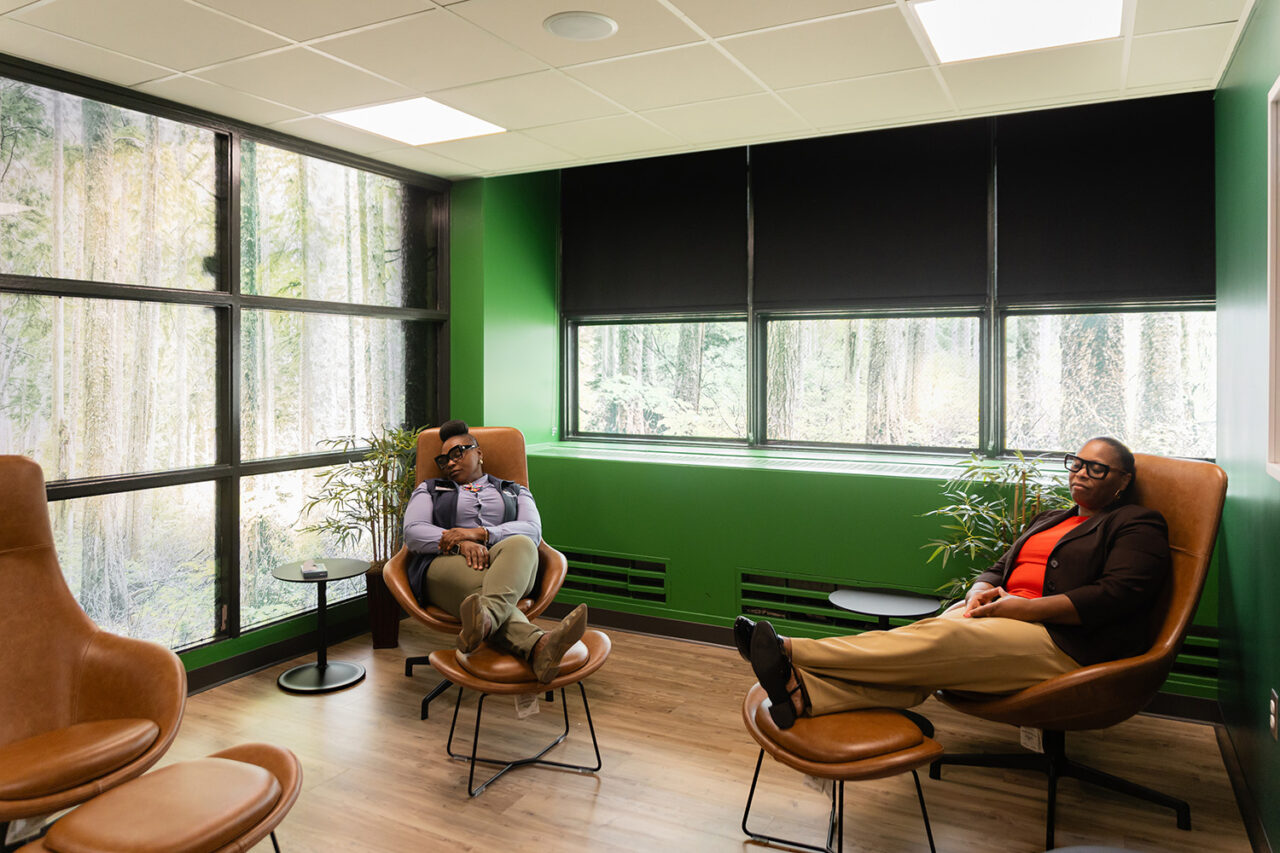 Interior relaxing seating in a green room.