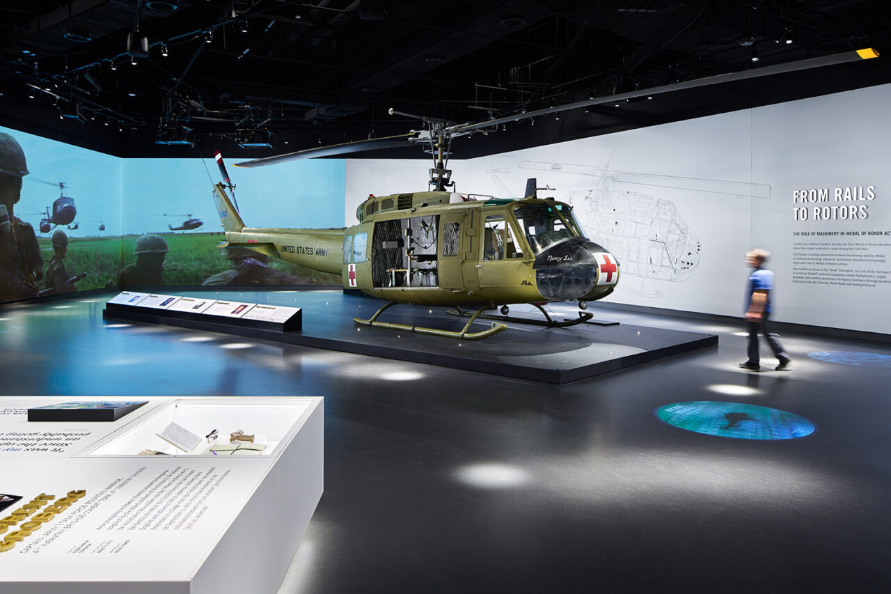 Interior exhibition photo that shows a helicoptor.