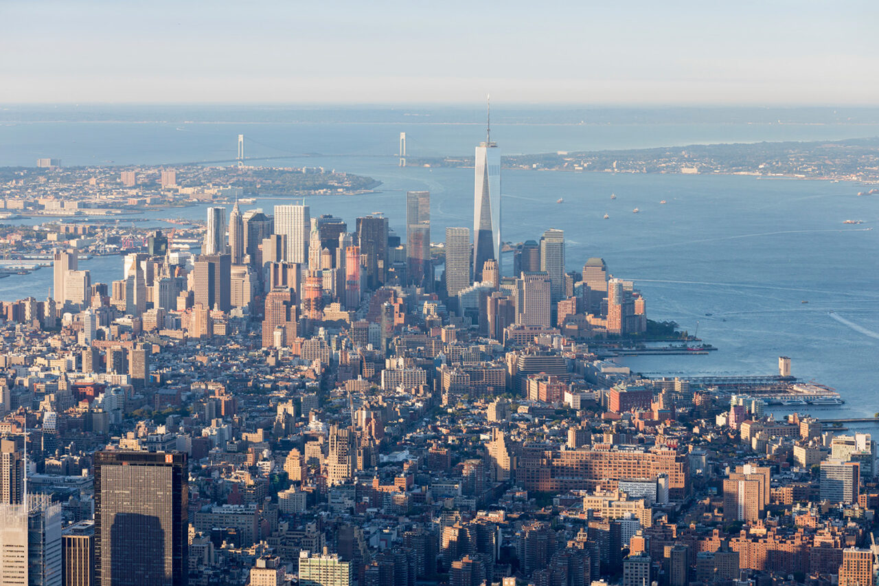 Aerial shot of NYC skyline and World Trade Center.
