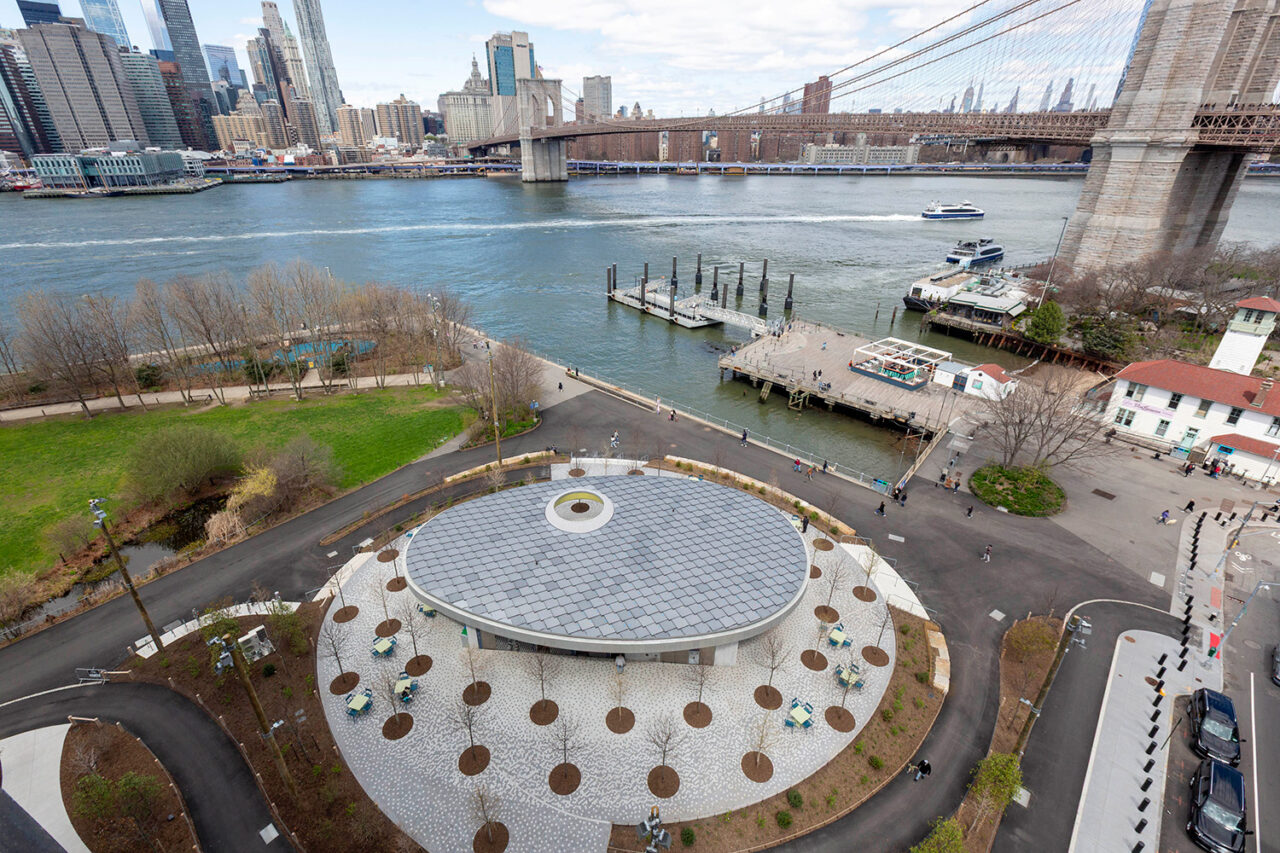 Aerial of Pier 1 Pavilion with East River in the background.