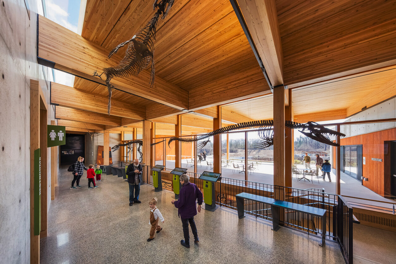 Brightly lit interior of museum.