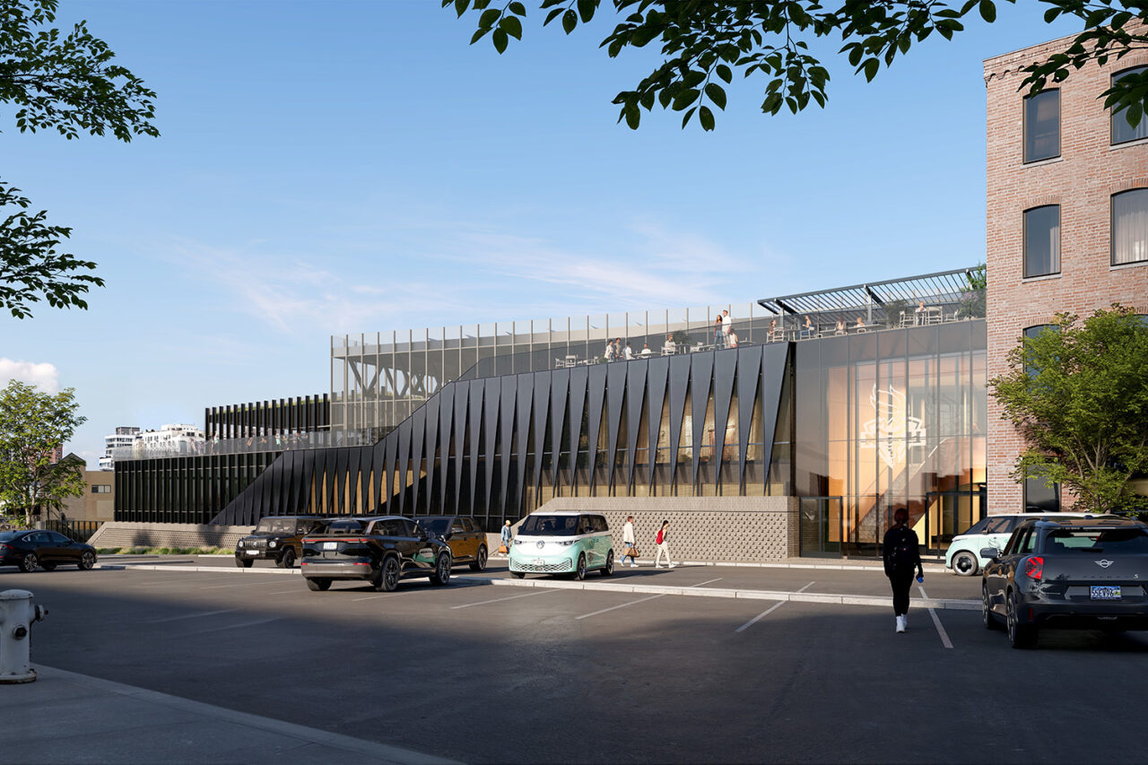 Exterior street level rendering of NY Liberty Practice Facility.