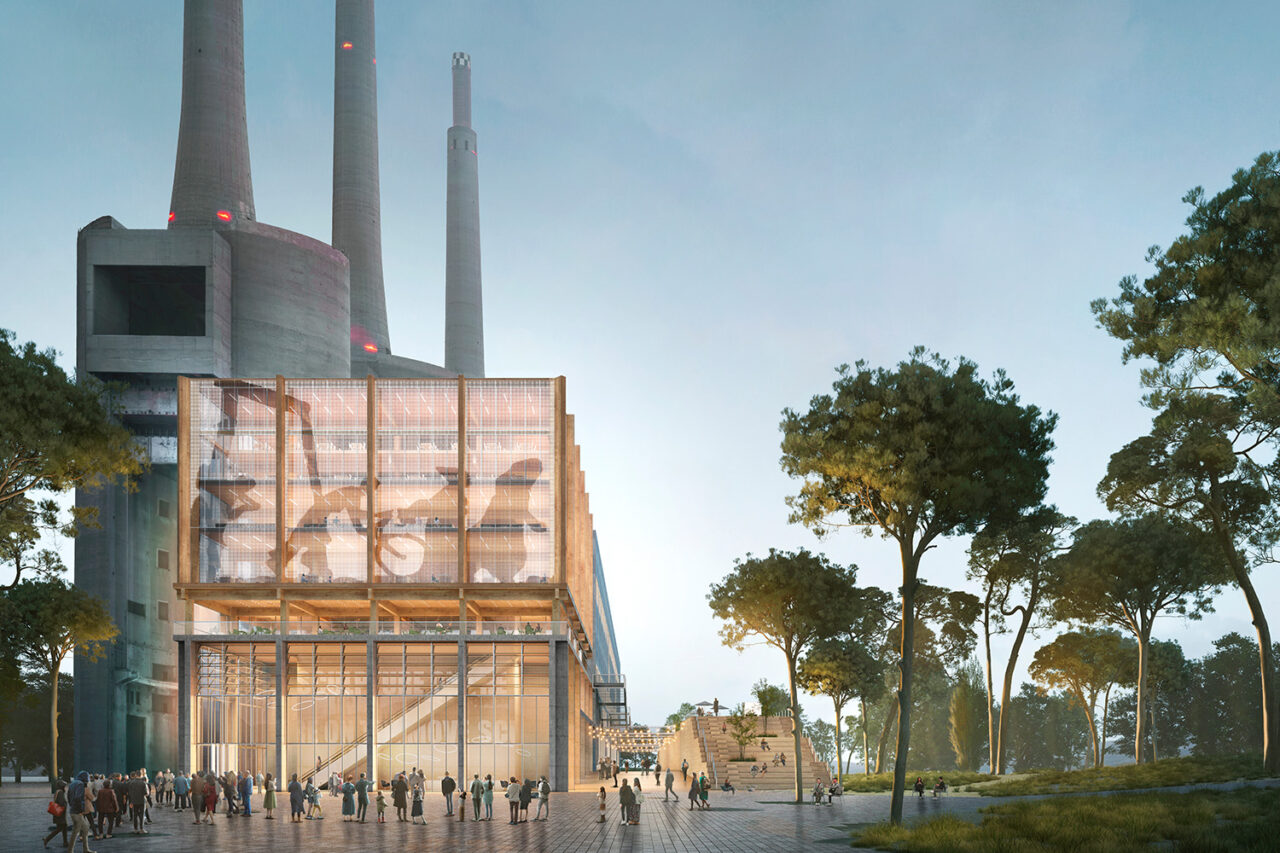 Rendering of Three Chimneys renovated exterior scene.