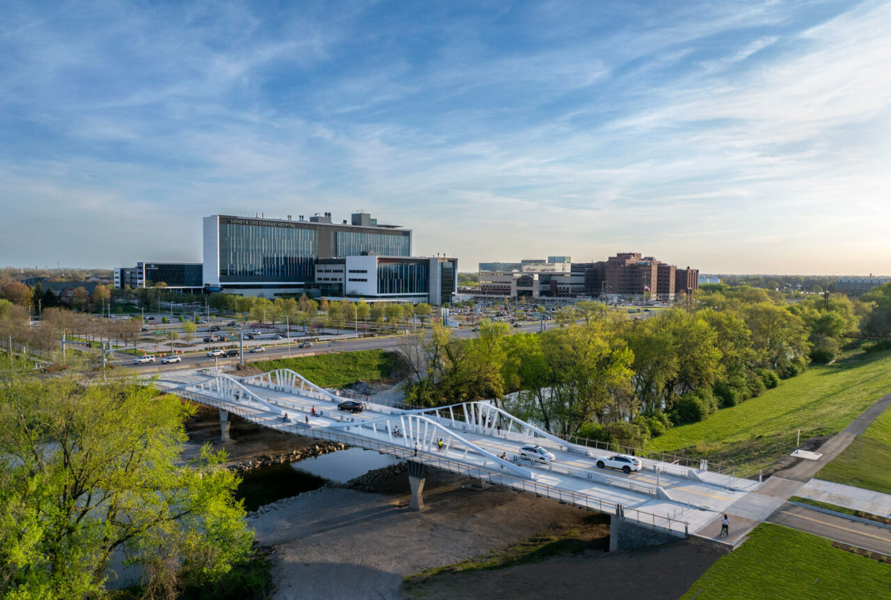 Faraway landscape aerial shot of 16 Tech Wave Bridge.