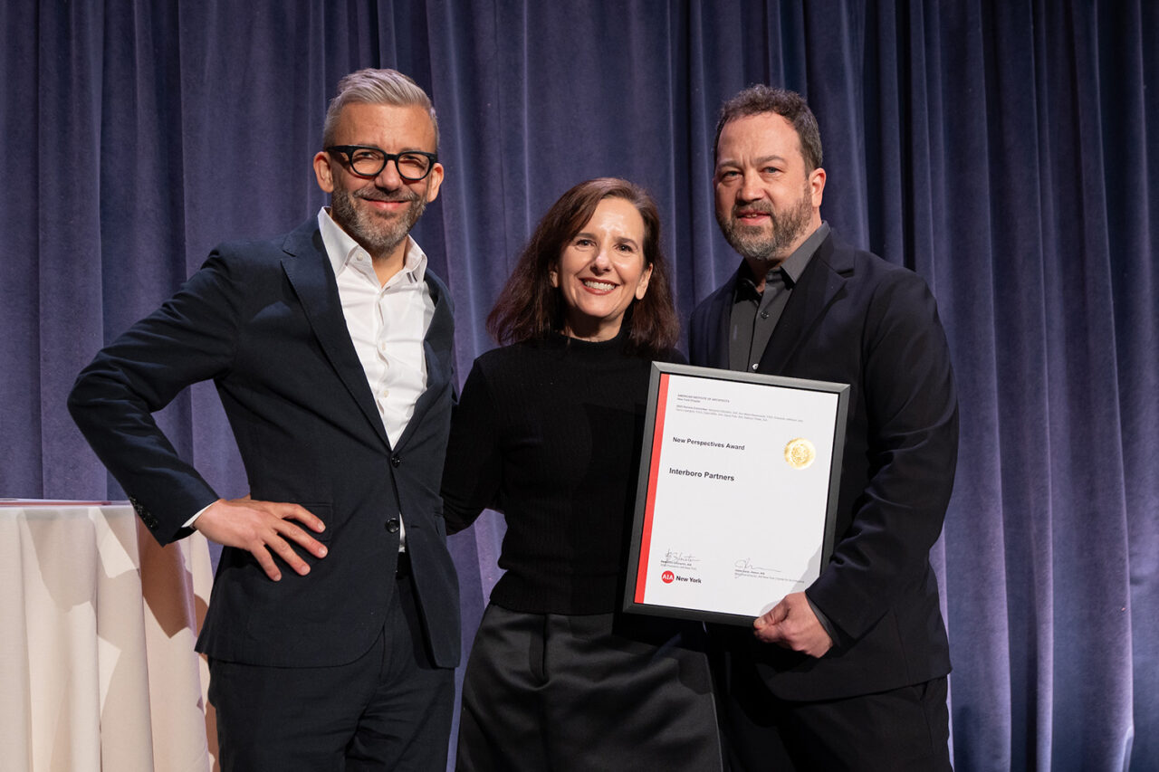 Interboro Partners Co-founders Tobias Armborst and Georgeen Theodore, AIA, receive the New Perspectives Award. Photo: Samuel Lahoz.