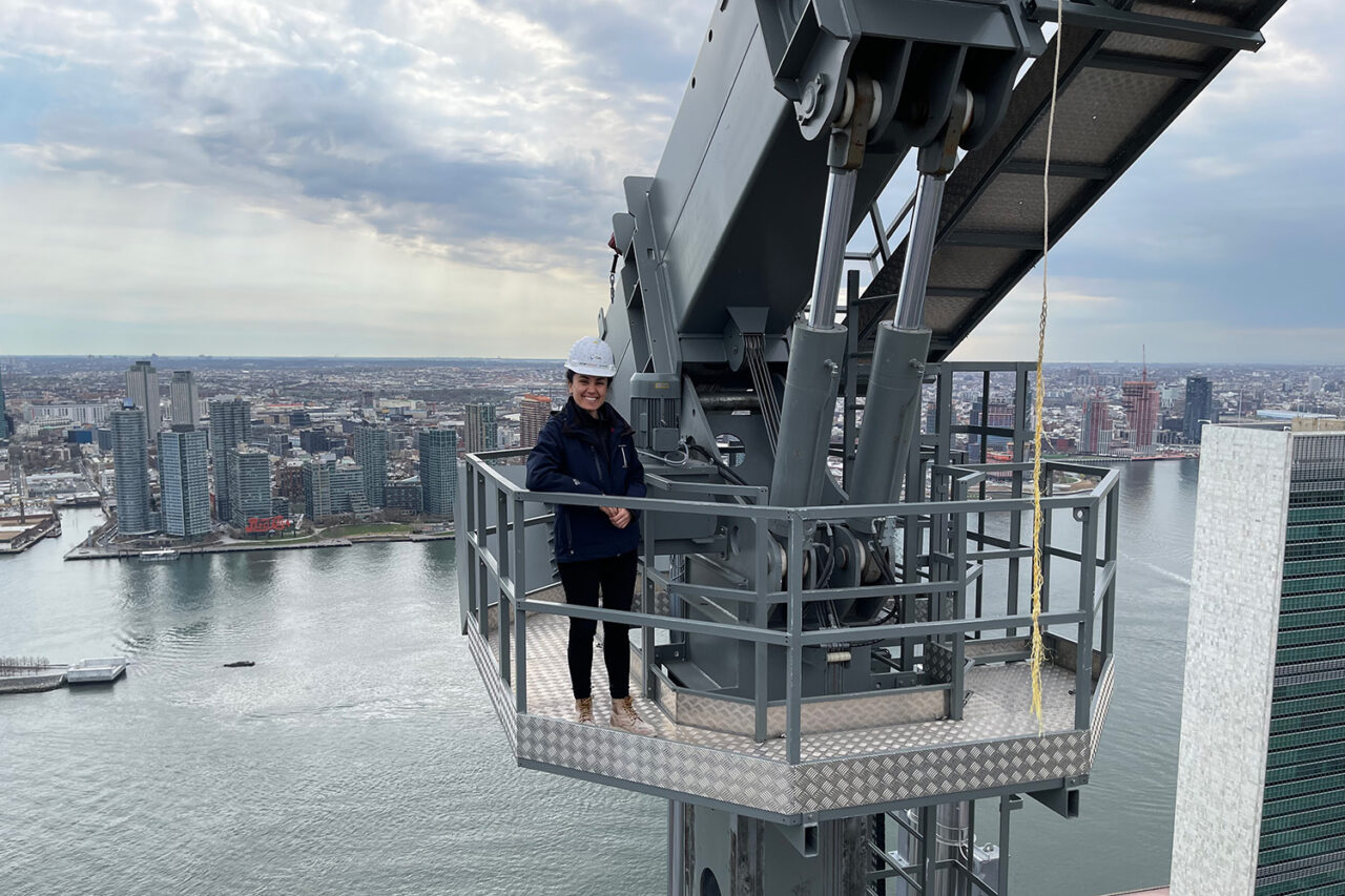 View from top of 821 UN Plaza. Pektas stands atop a construction crane.