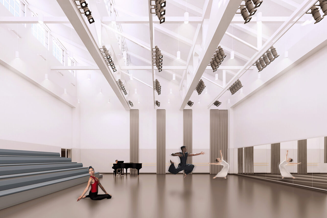 Rendering of interior dance studio.