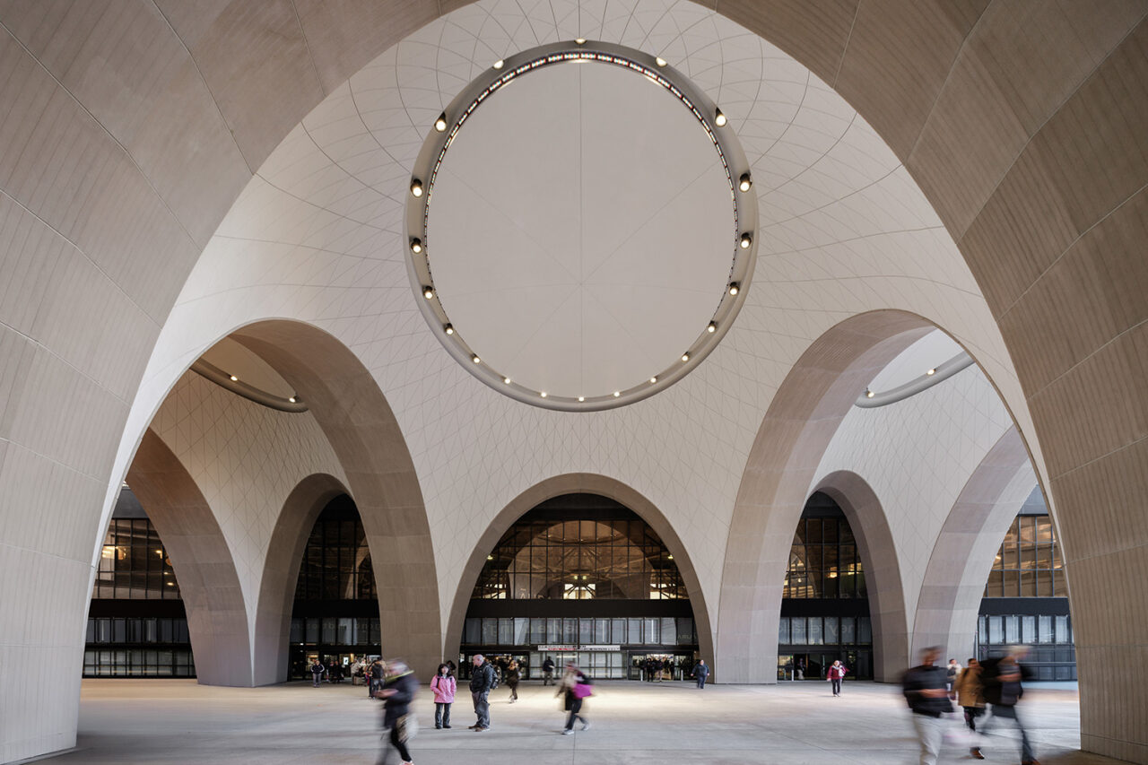Sand-brown archways in Boston South Station.
