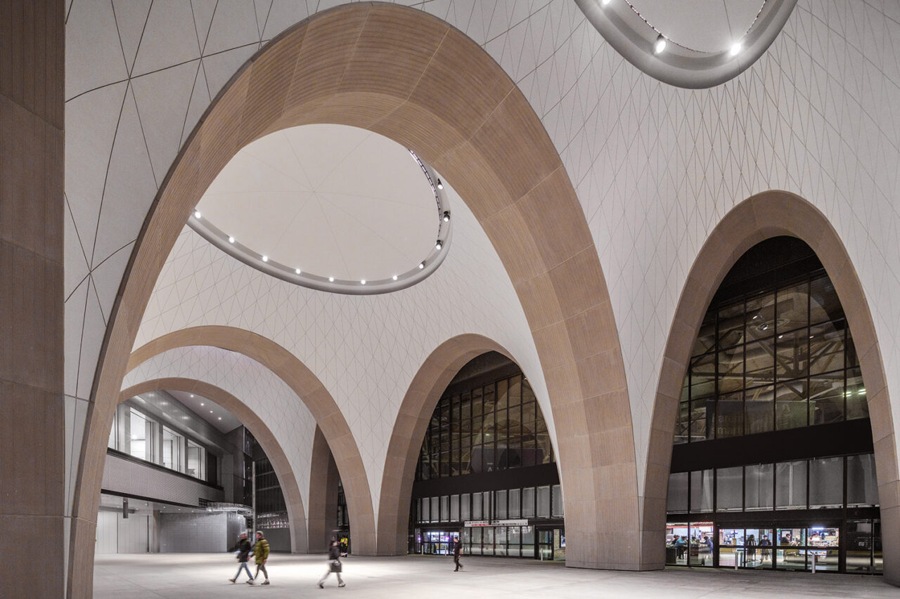 Sand-brown archways in Boston South Station.
