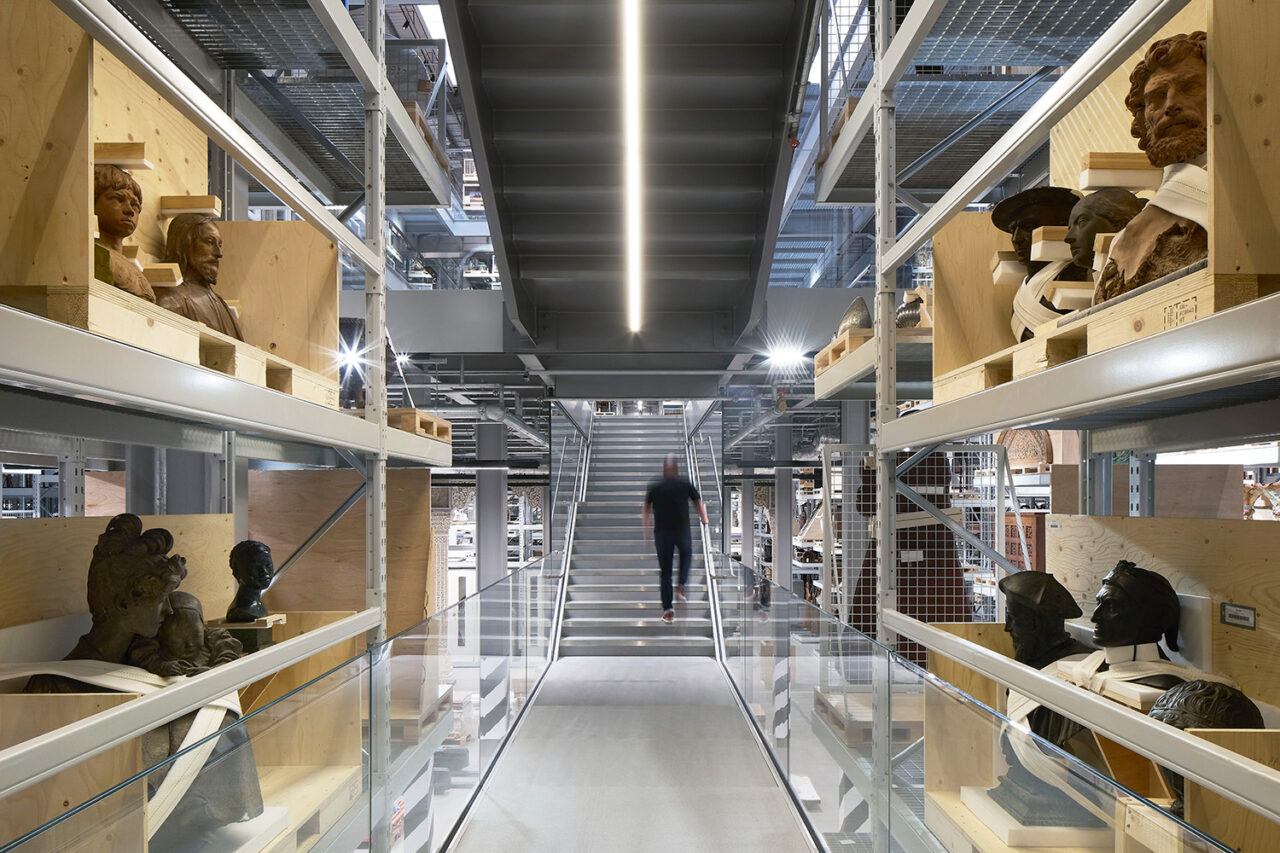 Interior of V&A East Storehouse, showcasing the center stairway.