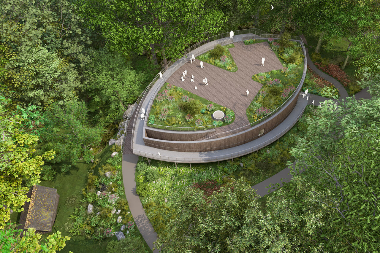 Aerial rendering of Teatown Lake Reservation education center (shaped like a leaf) surrounded in greenery.