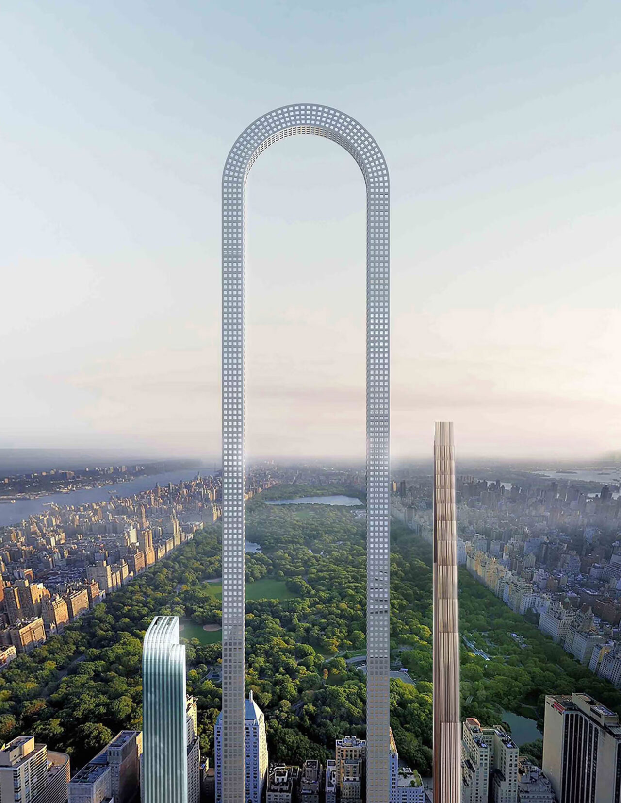 The Big Bend, a conceptual skyscraper in Manhattan, designed by OIIO Studio, was a 2017 commentary on the proliferation of skinny supertalls looming over Central Park. Photo: OIIO Studio.