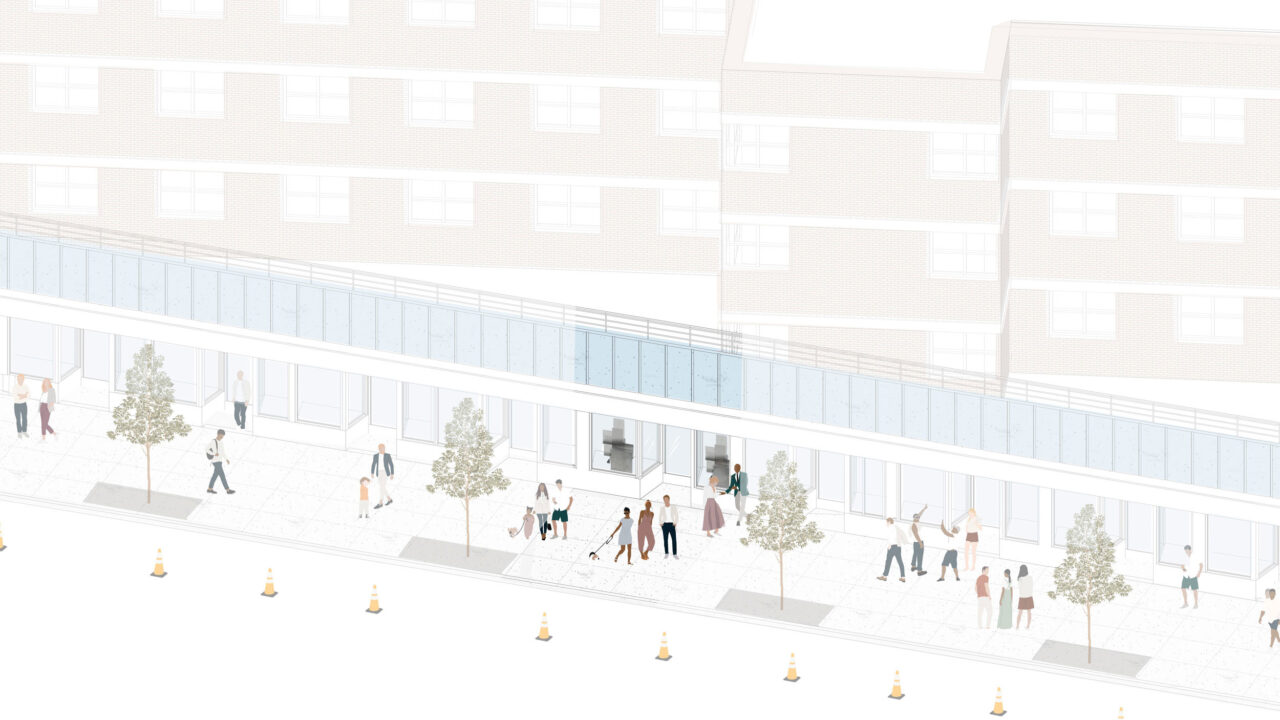 As part of the multisite installation The People Make the Place!, ReFrameArchitecture designed a series of sculptural elements that emphasize the socio-spatial nature of place by highlighting memory andreflection. The materiality and geometry of the forms reference the built environment and mimic the folds and volumes of the storefront. Photo: ReFrame Architecture.