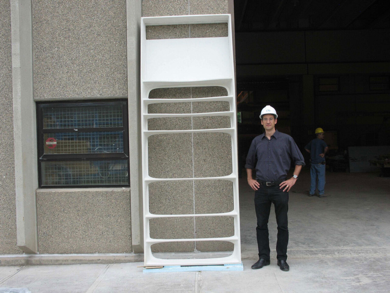 Arbour next to a test mockupof the Liquid Wall fabricated in January 2025. Photo: Peter Arbour/Liquid Wall.
