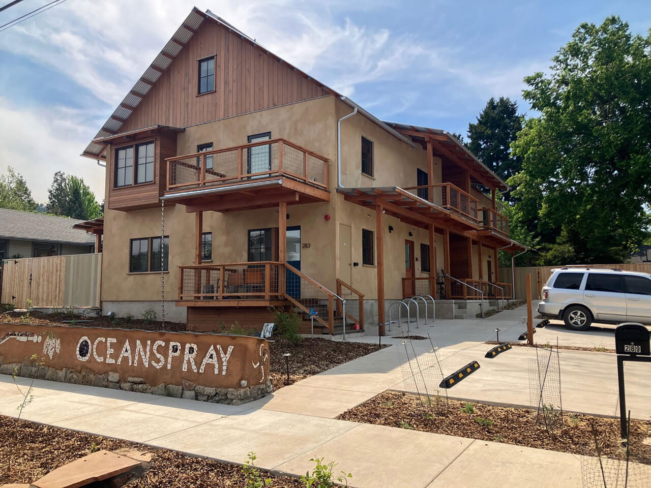 The Oceanspray Townhomes project in Ashland, Oregon,is the first multistory, multifamily straw bale building in the United States. Photo: Courtesy of AKA.