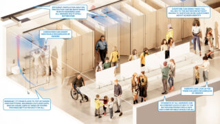 A rendering of gender neutral bathrooms