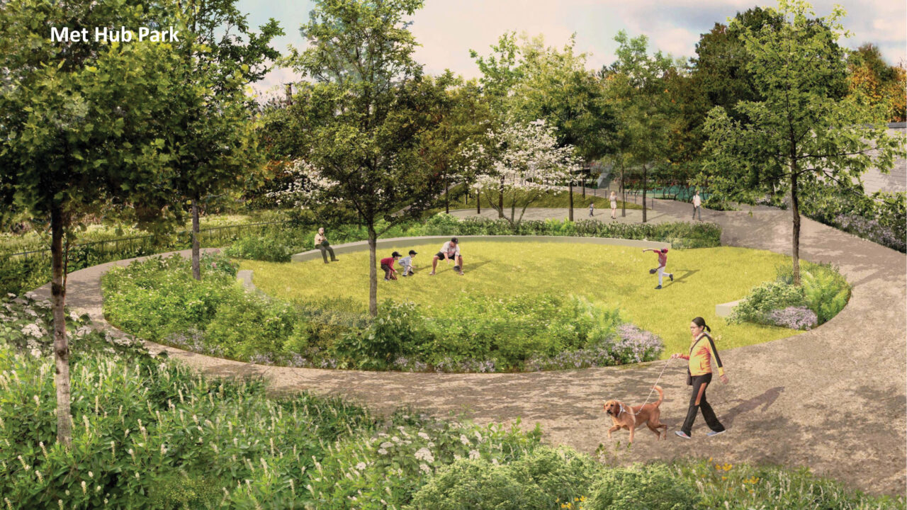 A multiuse lawn is part of the proposed QueensWay park. Image: DLANDStudio/Sasaki.