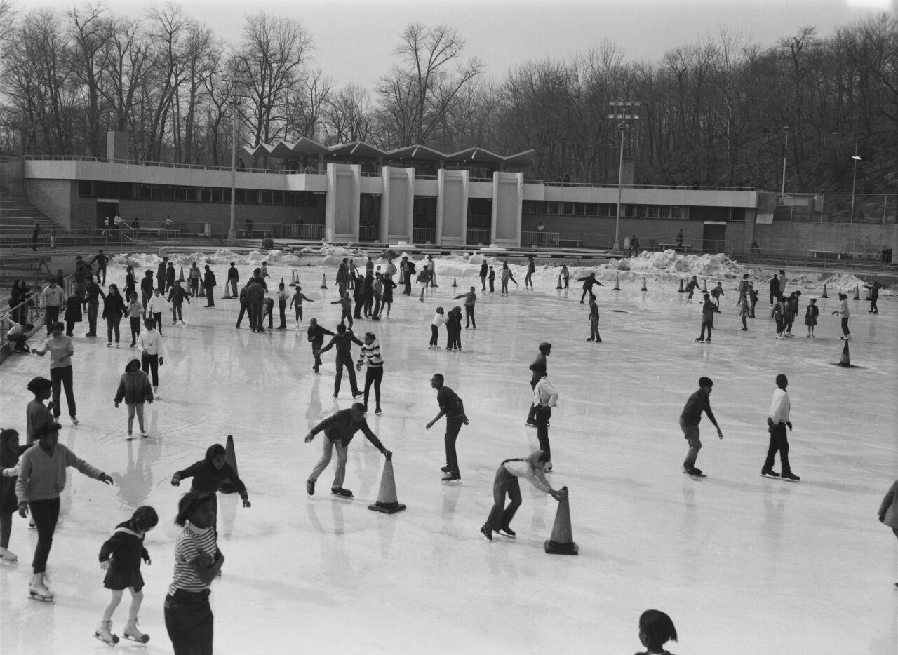A black and white archival photo of the Lasker Rink and Pool