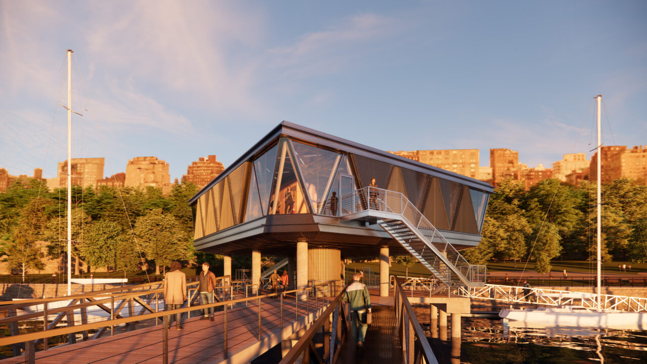 A new dockhouse on the Hudson River, designed by Architecture Research Office,meets flood zone code and necessary accessibility requirements. Image: Architecture Research Office.