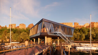 A new dockhouse on the Hudson River, designed by Architecture Research Office,meets flood zone code and necessary accessibility requirements. Image: Architecture Research Office.