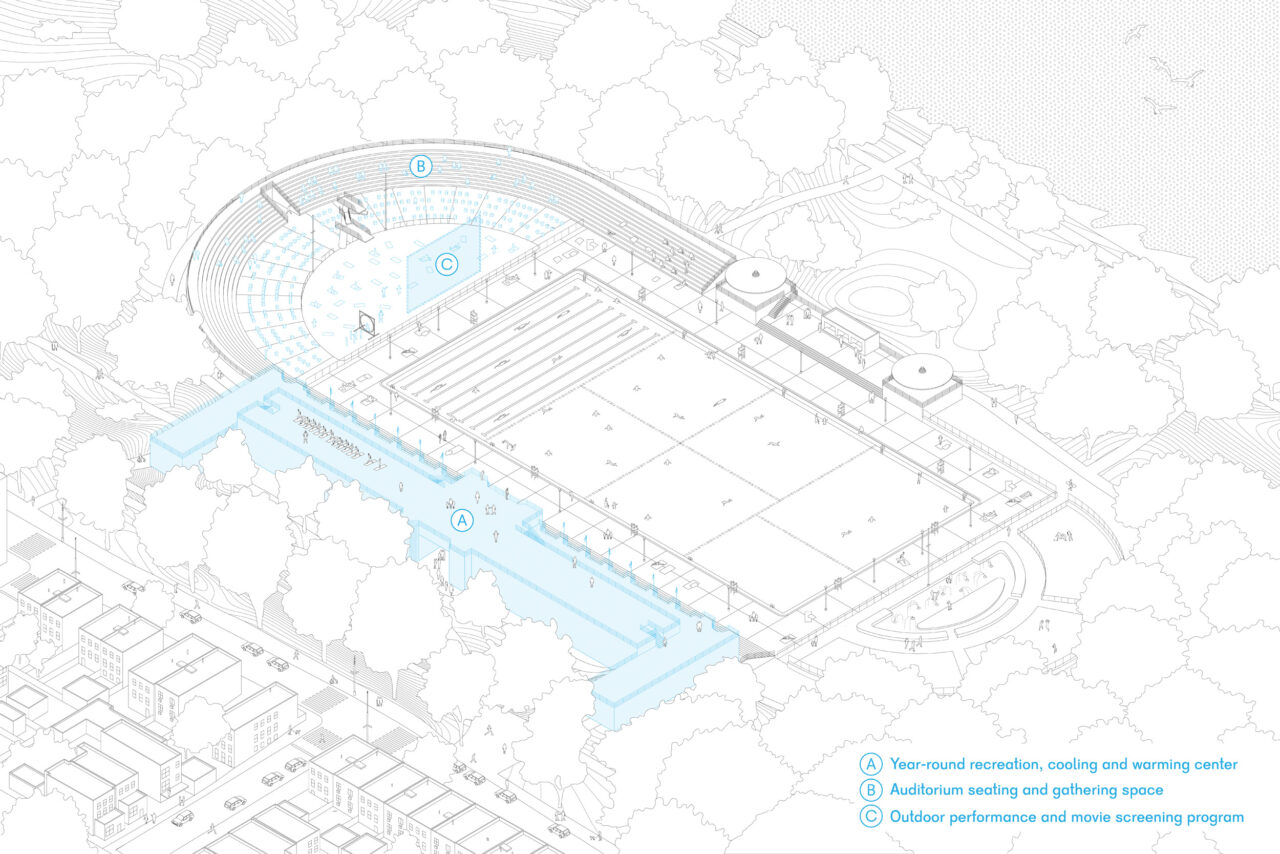 Architect Karolina Czeczek’s proposal for the Astoria location includes a performance venue on the site of the diving pool. Image: Karolina Czeczek.