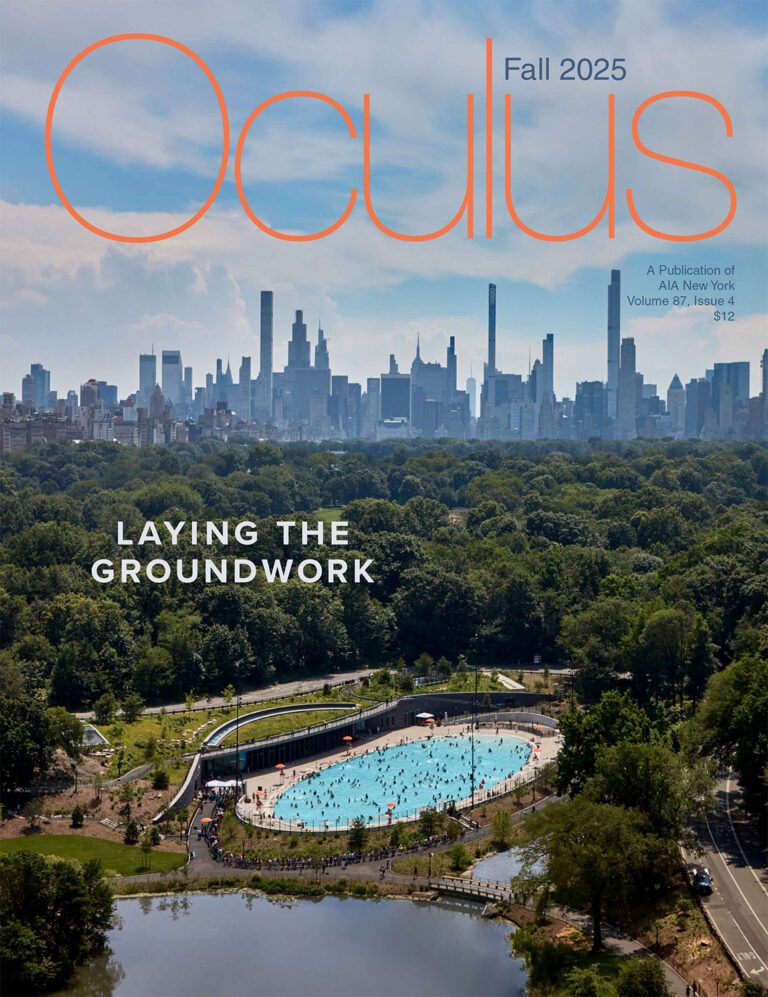 Oculus Fall 2025 issue cover showing an aerial view of a public pool inside of a park