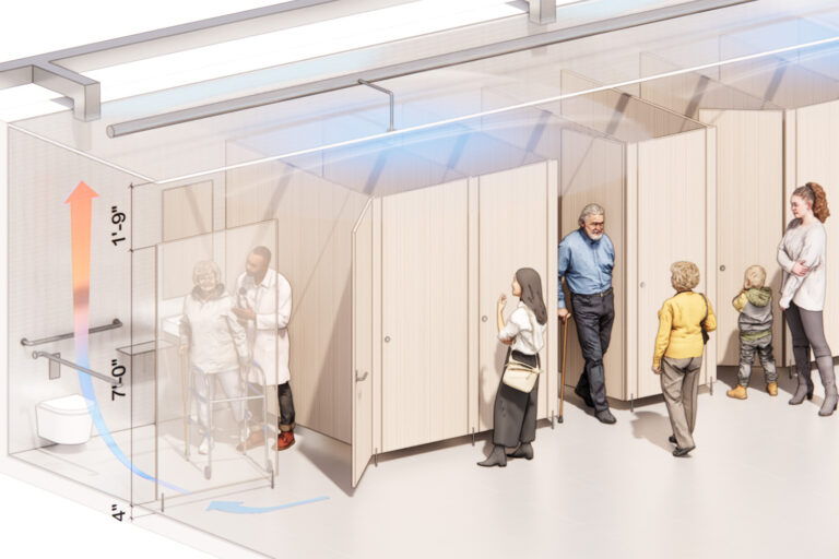 All-gender bathroom visualization. Image: Dattner Architects.