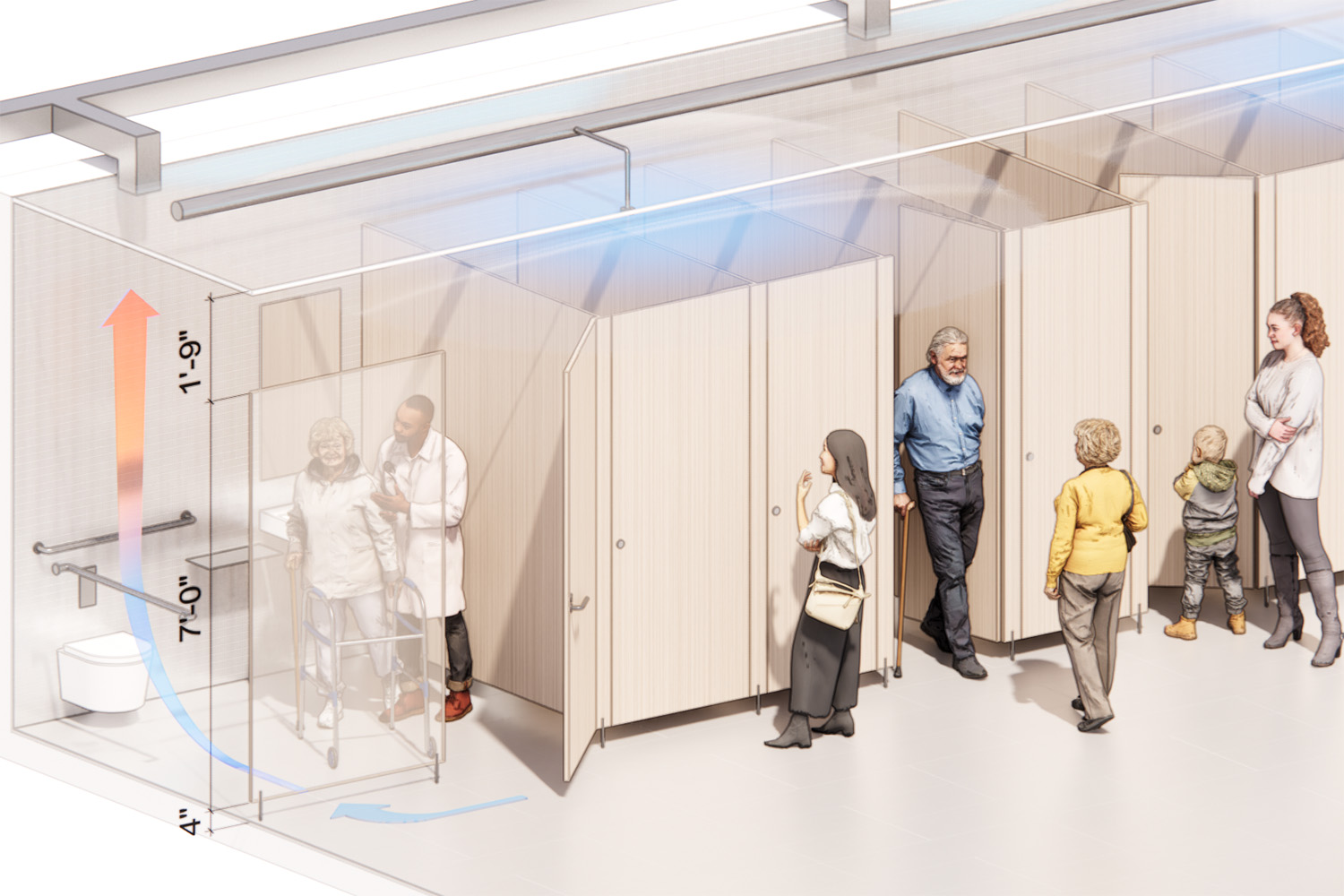 All-gender bathroom visualization. Image: Dattner Architects.