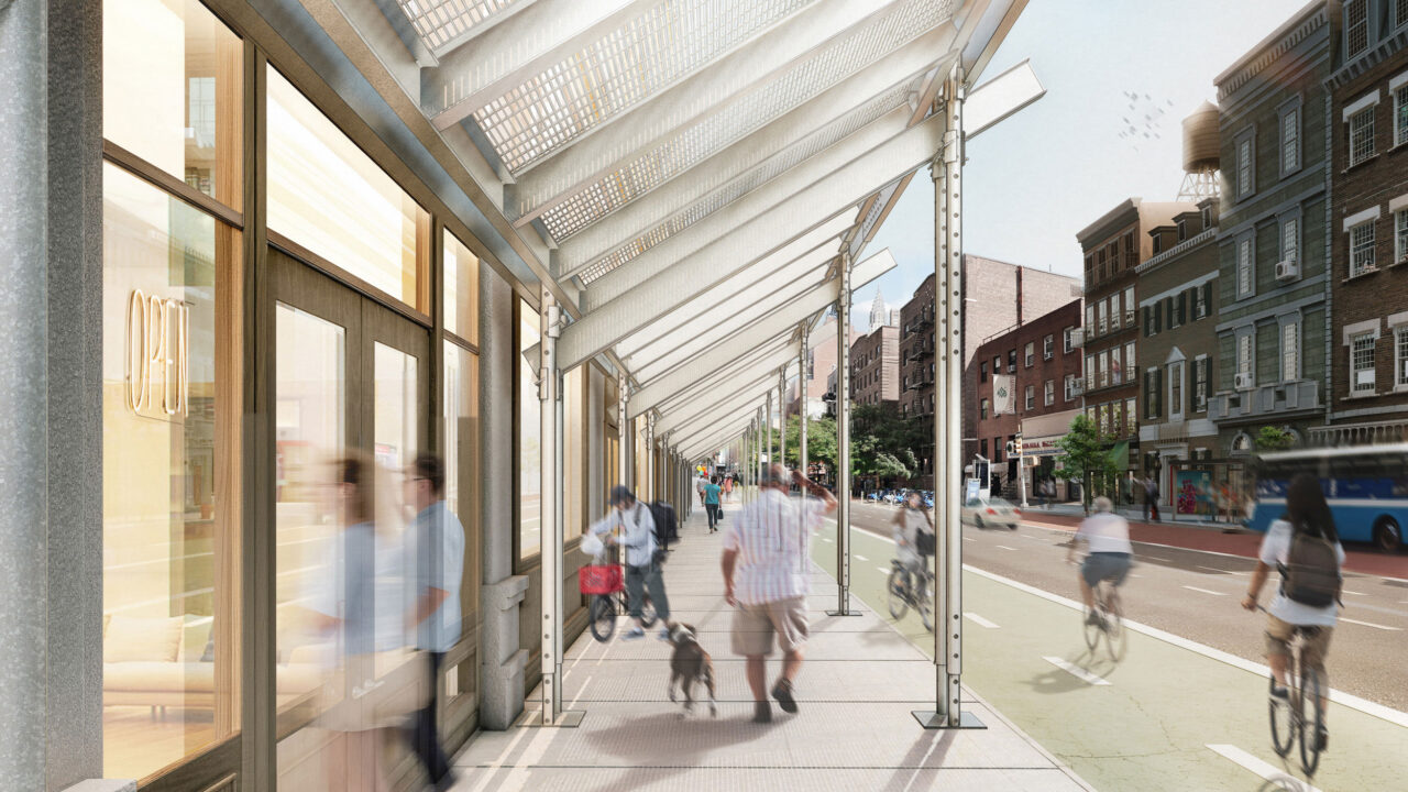 PAU’s team conceived of three iterations of the shed: this is The Baseline Shed, intended for most sidewalks, introducing a subtly angled roof. Image: courtesy PAU.