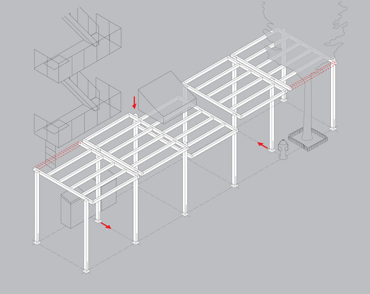 All of Arup’s shed designs emphasize modularity and adaptability across a range of sidewalk geometries and site conditions, including larger column spacing and longer spans. Image: courtesy Arup.