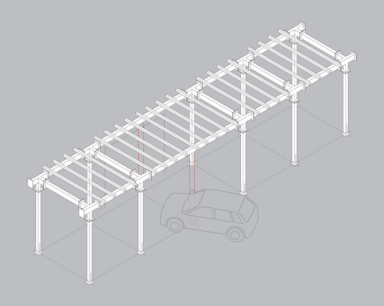 Arup’s Rigid Shed is a heavy-duty system capable of supporting construction and scaffolding, organized around prefabricated structural nodes that accept columns and beams of varying sizes. Image: courtesy Arup.
