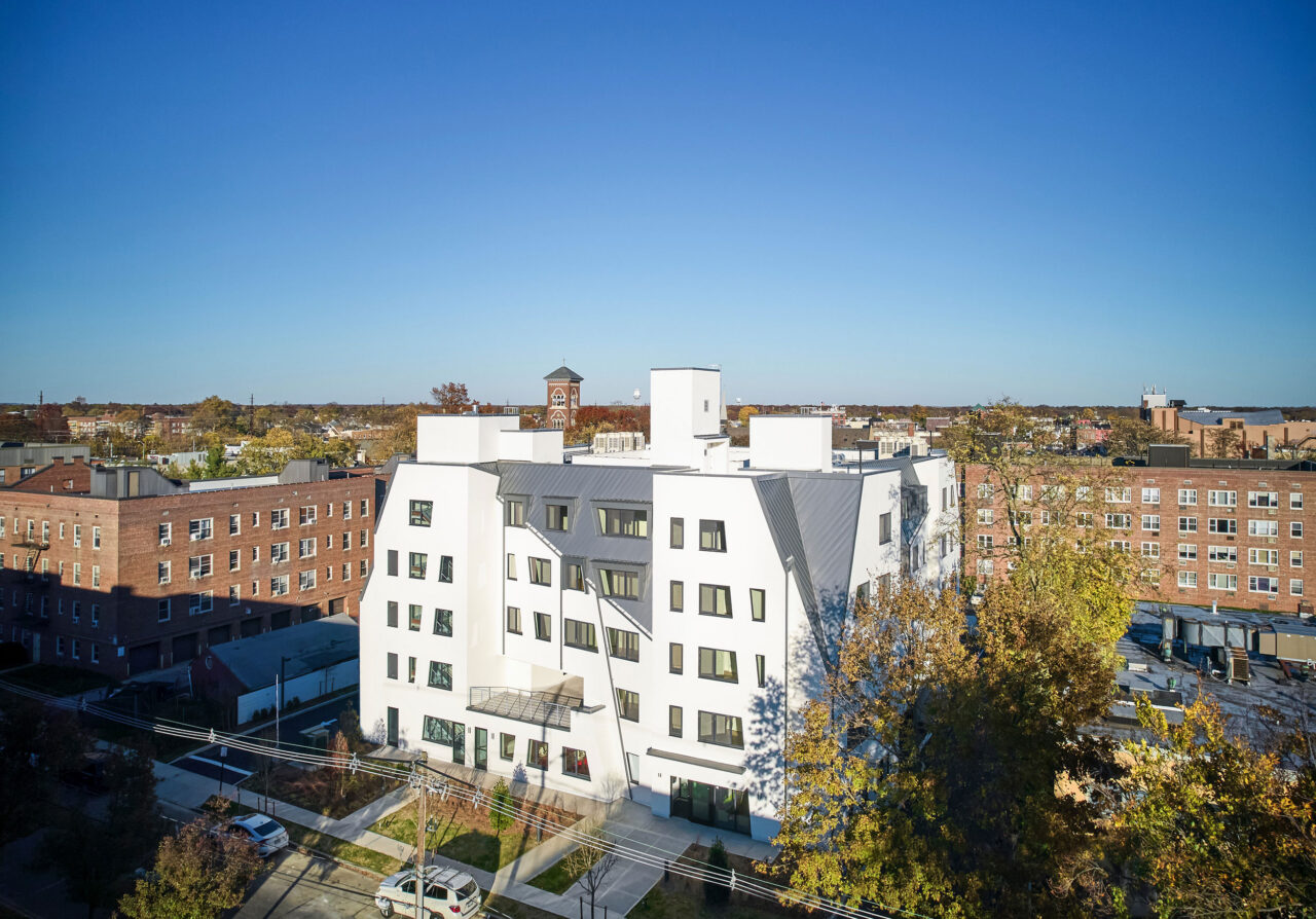 An aerial view of Studio Libeskind’s Allan and Geraldine Rosenberg Residence for seniors in the Village of Freeport, Long Island.