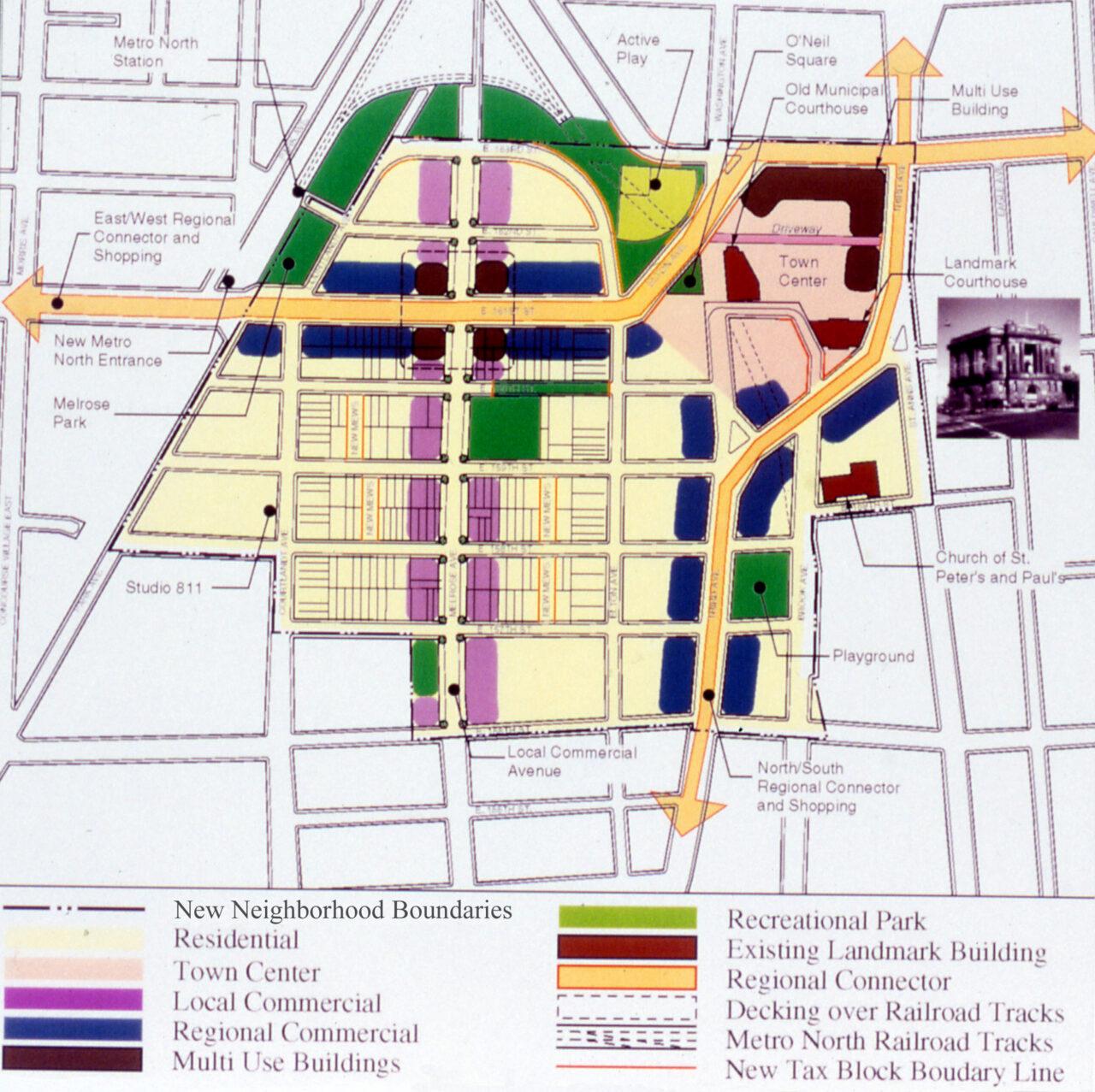An early concept plan for Melrose Commons. A proposed affordable housing development on the final remaining property of the original plan will offer an additional 63 affordable apartments under new City of Yes zoning.