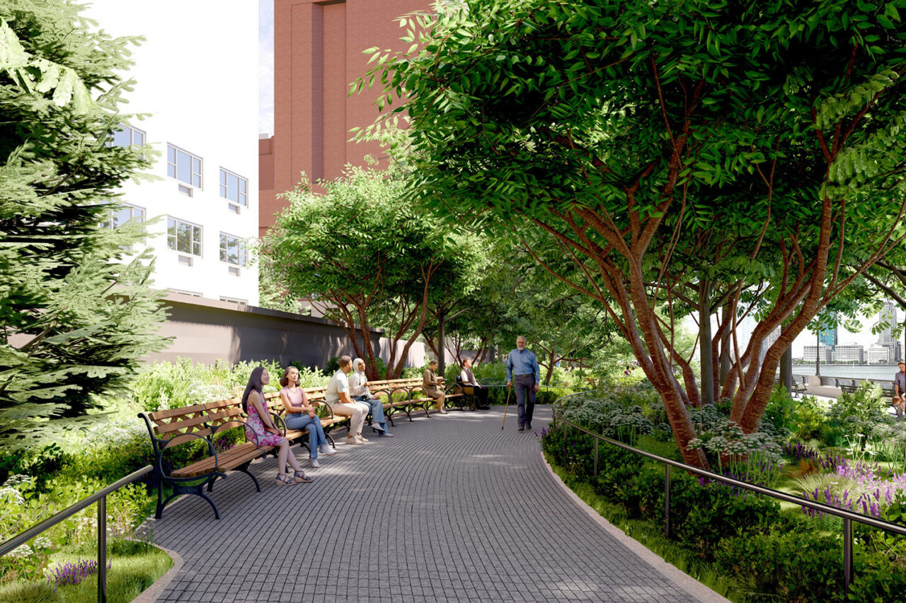 North/West Battery Park City Resiliency Project, South Esplanade Forest Walk in New York, NY. Photo: BIG (Bjarke Ingles Group).