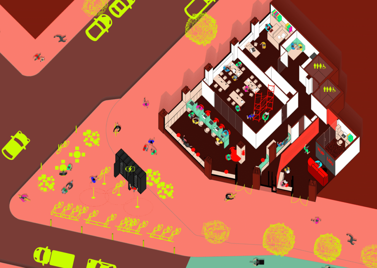 Drawing of the Worker’s Justice Williamsburg Hub, a shared workers center for day laborers in the construction, delivery, and cleaning industries.