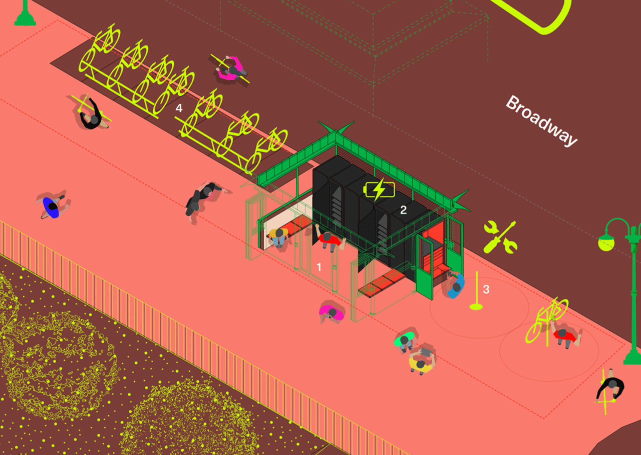 Drawing of the Deliverista Street Hub, a concept for essential delivery worker infrastructure including shelter, information access, and e-bike battery charging.