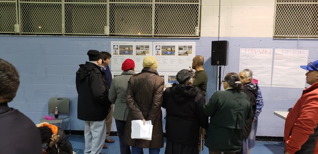 The architect's photograph of an information session for tenants of a Brooklyn NYC Housing Authority campus entering into a housing affordability program (PACT-RAD), which included proposed architect-led rehabilitation efforts.